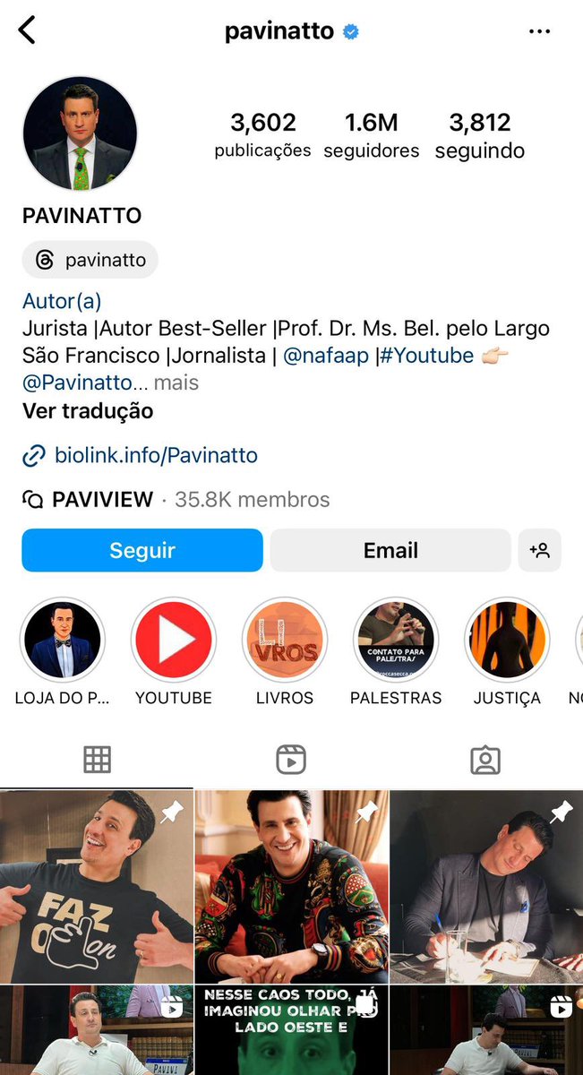 Mais uma vítima da censura judicial brasileira. O apresentador @Pavinatto teve a conta suspensa no Instagram por meia hora. O aviso era de suspensão por violação de regras, mas o perfil era visto dos EUA. Logo, já sabemos que foi ordem judicial. Por algum motivo, voltou em 30 min
