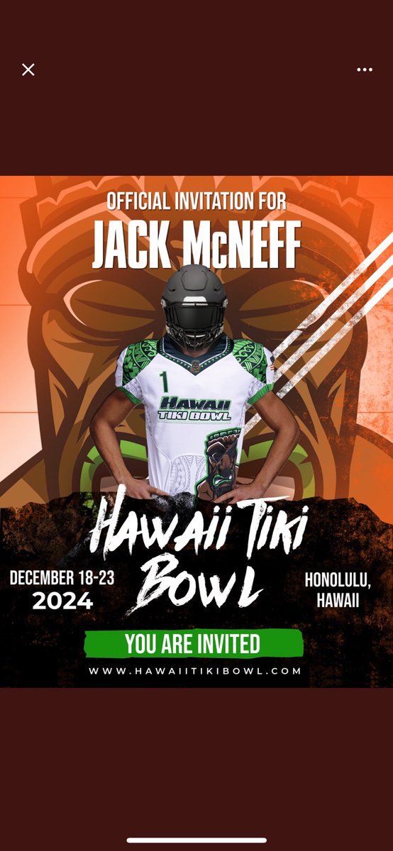 Jack McNeff (@mcneffjack) on Twitter photo Thankful to receive an invite from Coach Fillipp and the selection committee to play in the <a href="/HawaiiTikiBowl/">Hawaii Tiki Bowl</a>! Thankful to receive an invite from Coach Fillipp and the selection committee to play in the <a href="/HawaiiTikiBowl/">Hawaii Tiki Bowl</a>!