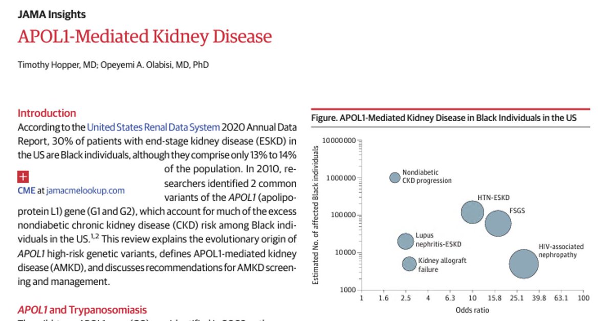New from #NephFellow Dr Hopper and Dr Olabisi @OpeyemiOlabisi8 in @JAMA_Current APOL1-Mediated Kidney Disease jamanetwork.com/journals/jama/…