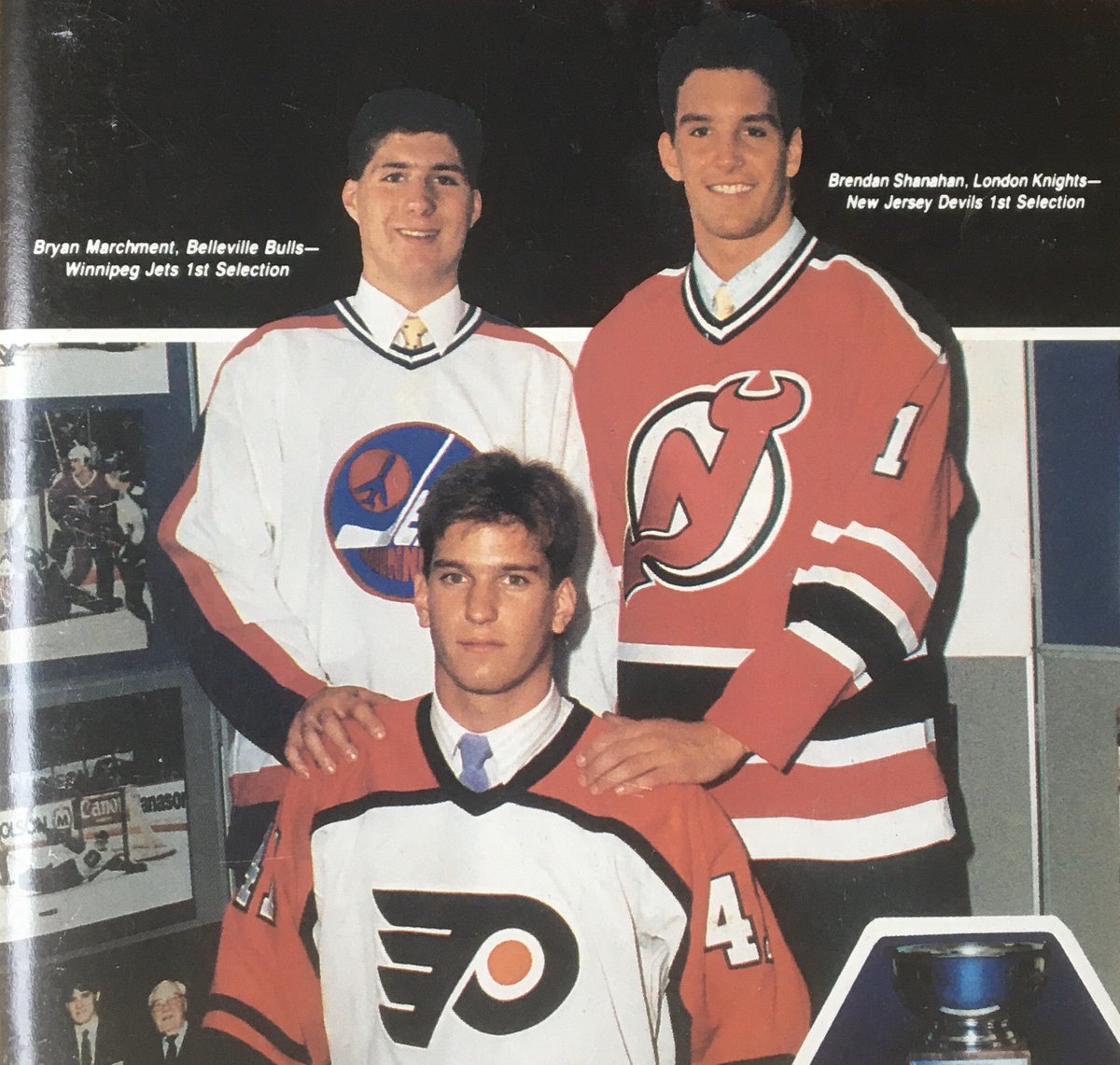 #WaybackWednesday The late Bryan Marchment would have been 55 years old today. Here's Bryan (16th overall) with Brendan Shanahan (2nd overall) and Darren Rumble (20th overall) at the 1987 NHL Draft in Detroit @NJDevils @NHLFlyers