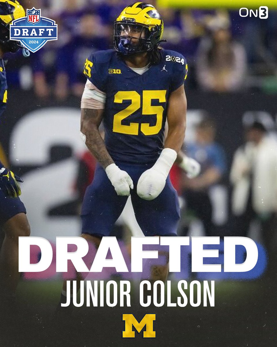 Junior Colson will play for Jim Harbaugh in the NFL! The Los Angeles Chargers select the Michigan LB with the No. 69 overall pick in the third round. Story: on3.com/teams/michigan…