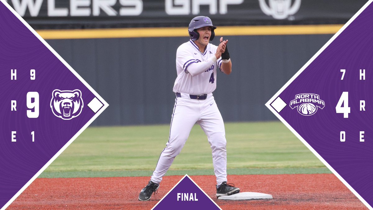 BEARS WIN!!! UCA takes a 9-4 win over UNA for our 4th straight ASUN win. Cermenelli with HR and 2B, 4 RBI. HRs from Mendolia & Allen. 9 Ks from Jesse Barker, 6th save for Alexander. #BearClawsUp x #FightFinishFaith