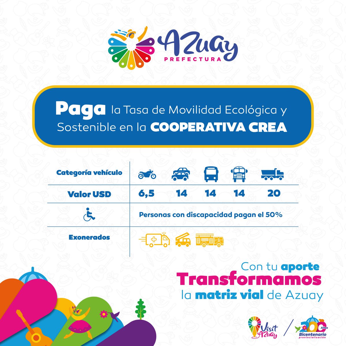 📌Desde el lunes 29 de abril puedes pagar la Tasa de Movilidad Ecológica y Sostenible en la Cooperativa CREA.

✔️Con tu aporte transformamos la matriz vial de la provincia.🛣

#JotaPrefecto 
#AzuayPrefectura
#AzuayBicentenario