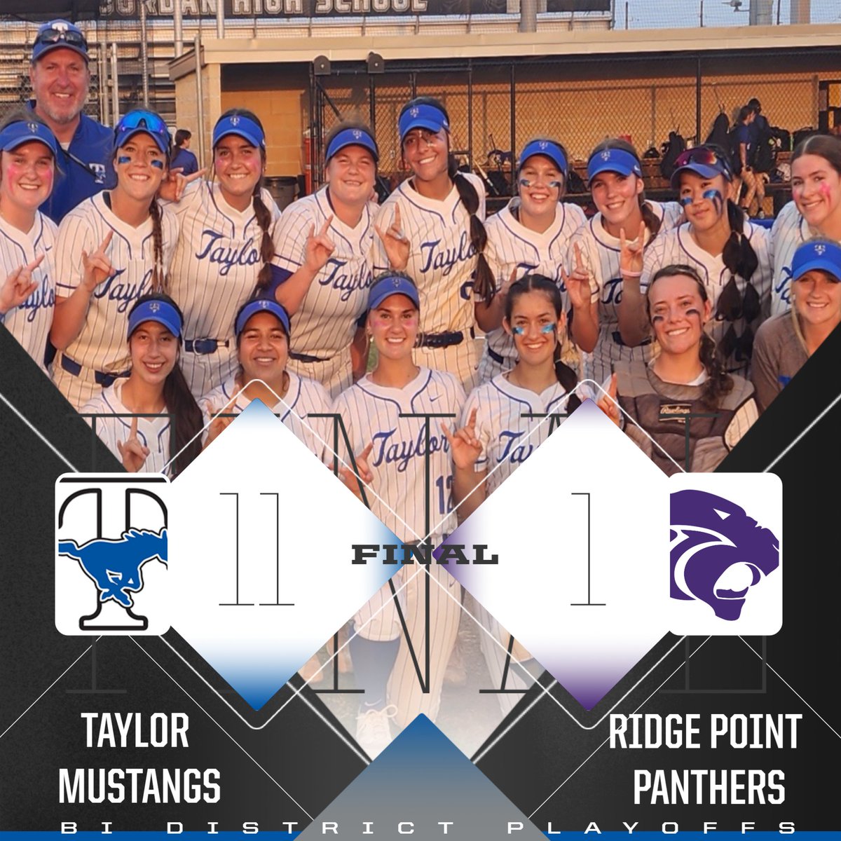 Taylor uses a strong offense and quality pitching to defeat Ridge Point 11-1. This win clinches the series for the mustangs and they will advance to the area round of the playoffs!