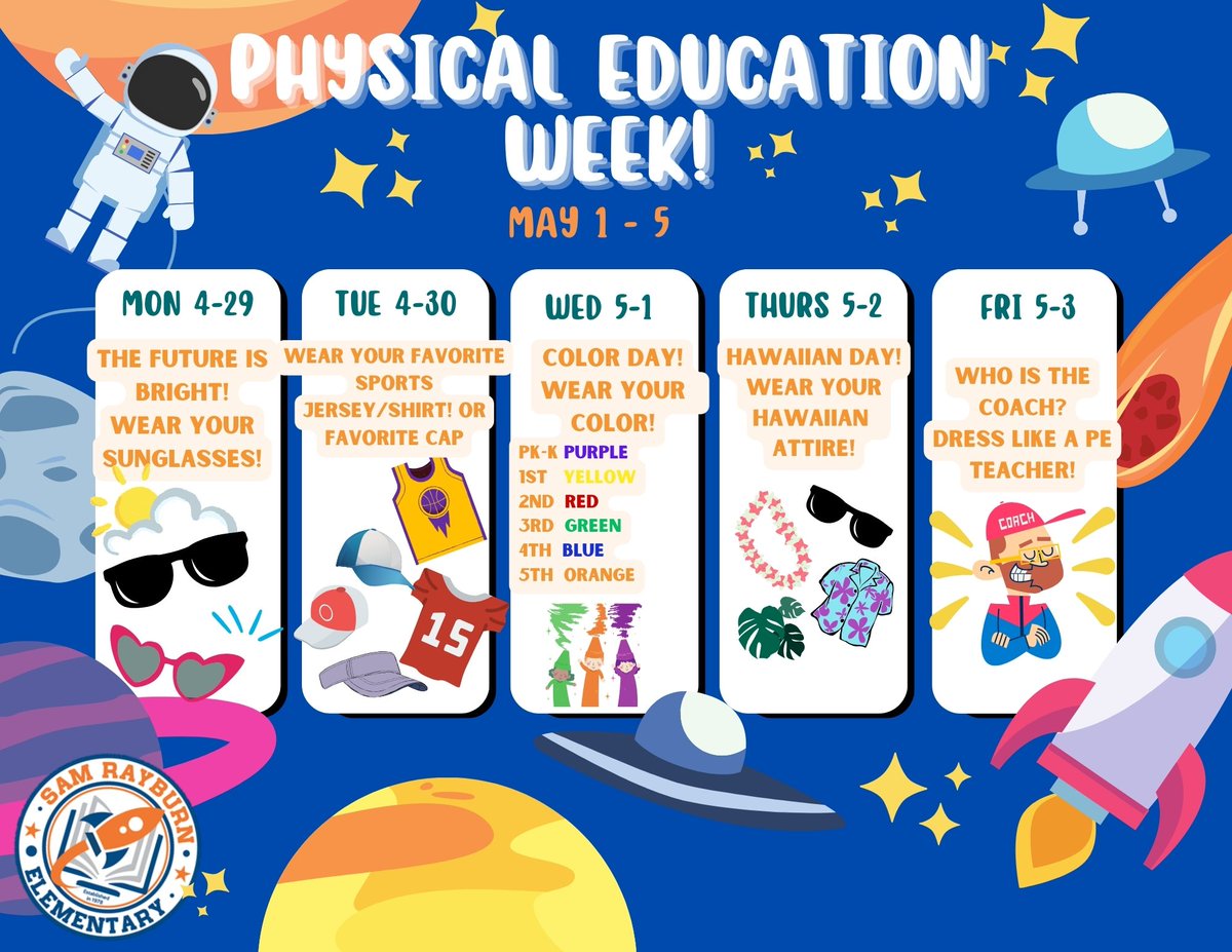 Coach Garcia (@rocketspe) on Twitter photo Next week we are kicking off National Physical Education and Sport week!
Rockets join us in the celebration!🚀
<a href="/Rockets120/">Rayburn Elementary</a> Next week we are kicking off National Physical Education and Sport week!
Rockets join us in the celebration!🚀
<a href="/Rockets120/">Rayburn Elementary</a>