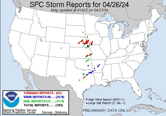 emilyrsutton's tweet photo. More than 87 tornadoes have been reported so far today and the warnings continue. Most of the tornadoes happened in Nebraska and Iowa in a historic tornado outbreak. Many of the tornadoes were violent, multi-vortex, long-track tornadoes. Prayers to all impacted.

9PM 4.26.24 https://t.co/HoBhBURn1X