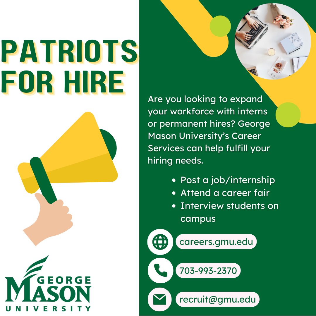 Is your business expanding or needing extra help to get through a busy period? @GeorgeMasonU Career Services can help with your permanent, temp, and internship hiring needs. Contact them to learn more. #HireLocal