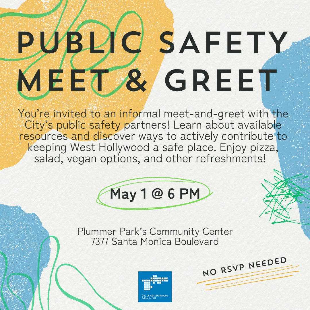 You're invited to our Public Safety Meet and Greet! 🌟 Learn about available resources and ways to keep our community safe, and enjoy free food! The event will take place on 5/1 @ 6 PM at Plummer Park’s Community Center. No RSVP is needed! ℹ️ go.weho.org/4diTM8u
