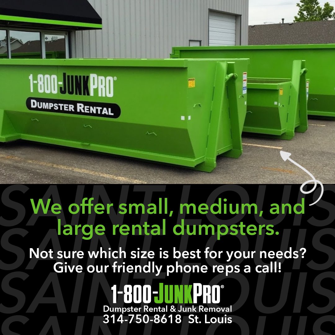 At 1-800-JUNKPRO St. Louis we rent small, medium, and large driveway-friendly dumpsters.

Unsure which size to rent? Our friendly phone reps are happy to help you choose the size that best fits your needs.

#stlouis #dumpsterrental #saintlouis