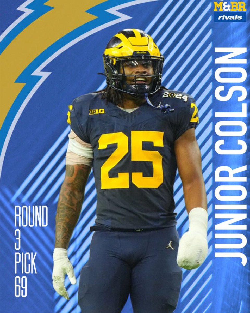 With the 69th pick in the @NFL draft the @chargers select @JuniorColson @UMichFootball #GOBLUE #PROBLUE #BoltUp