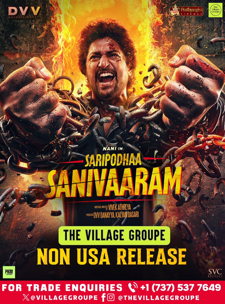 As You all Know Saturdays with Surya are indeed Explosive 🔥 Happy To Acquire NON USA Overseas Countries Distribution Rights of Natural ⭐️ @nameisnani aka Surya X Saturdays are DEADLY , DESTRUCTIVE & simply RUTHLESS 🔥 #SaripodhaaSanivaaram Special Thanks to @PrathyangiraUS ❤️