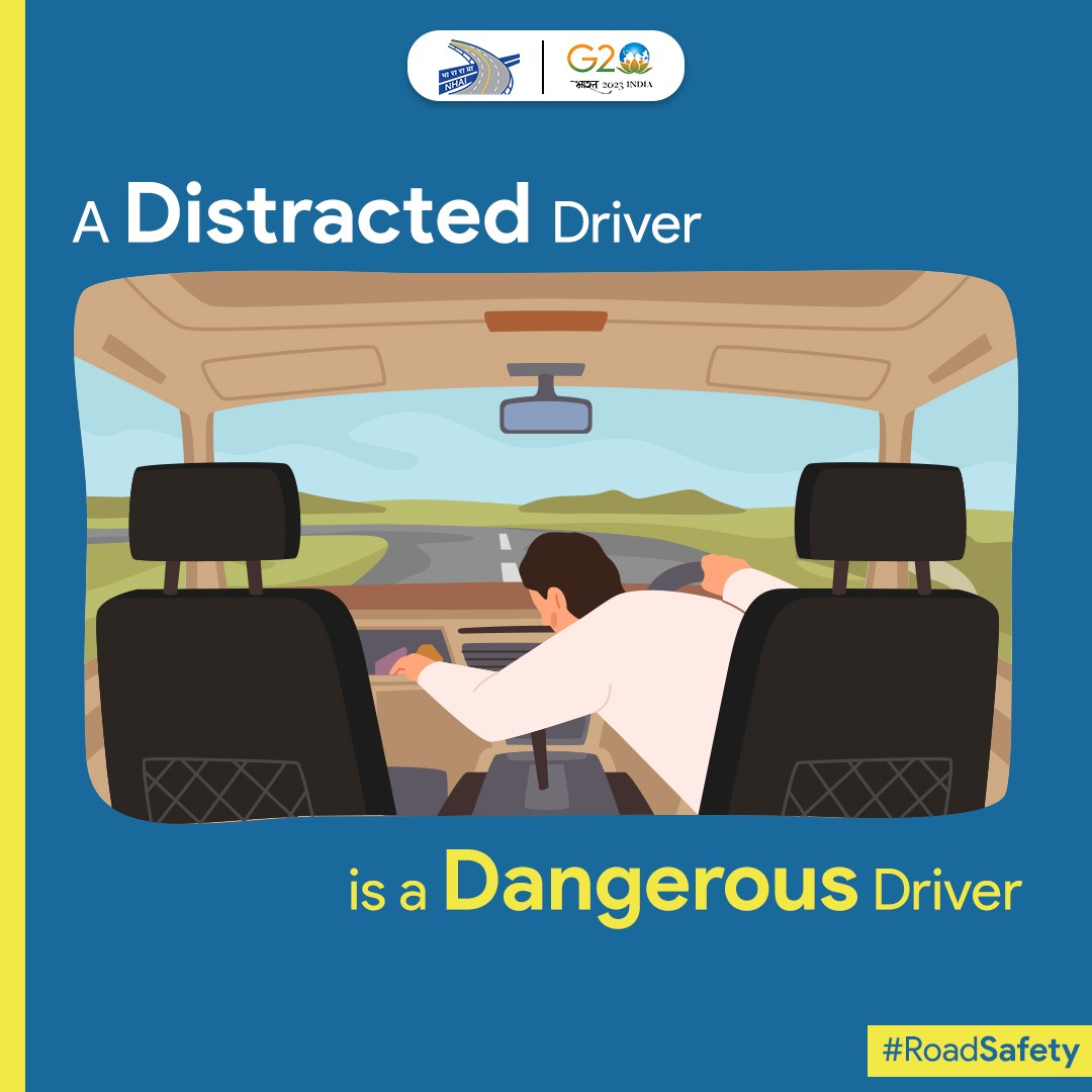 Do not let anything distract you from the most important task at hand - driving safely! Be attentive while driving.  #NHAI #RoadSafetyTips #BuildingANation #WeCareForYou