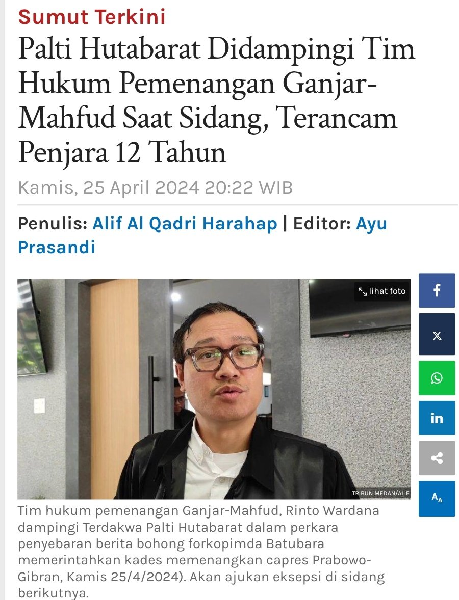 Palti Hutabarat kini menjadi pesakitan Pengadilan Negeri (PN) Kisaran, dan terancam hukuman 12 tahun penjara.

Dalam dakwaan JPU, Herry Abdi Sembiring, PH telah melanggar Dalam Pasal 35 dan Pasal 51 ayat 1, dengan hukuman penjara 12 tahun penjara.

Menanggapi hal tersebut, Rinto