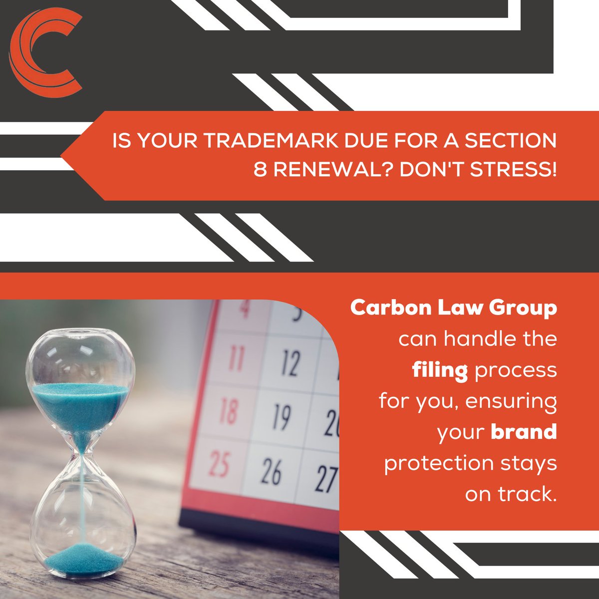Is your trademark due for a Section 8 renewal? Don't stress! Carbon Law Group can handle the filing process for you, ensuring your brand protection stays on track.

#TrademarkRenewal #BrandProtection #CarbonLawGroup