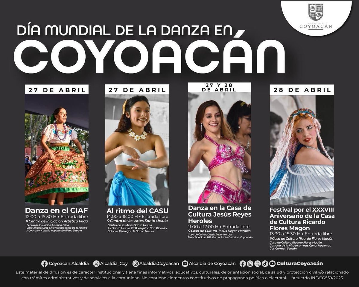 Te recordamos que mañana inicia nuestra conmemoración del Día Mundial de la Danza, con múltiples eventos en diversos puntos de la alcaldía, ¡te esperamos!