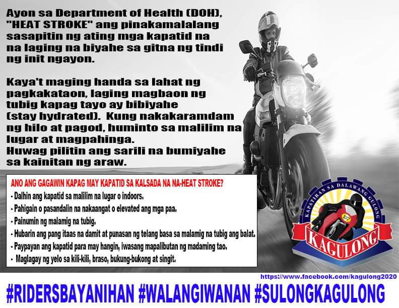 Umaabot na sa 43 degrees celcius ang heat index mga KAGULONG. Delikado na ito sa ating mga bumibiyahe kaya't maging handa at alamin ang mga dapat gawin.
<a href="/followers/">はうはう</a> 
#ridersbayanihan
#WalangIwanan
#sulongkagulong