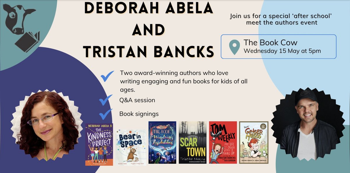 In Canberra 15 May? Join author @DeborahAbela & I talking about Scar Town and The Kindness Project. Writing tips, Q&A, crazy hijinks and book signing.

Free, but bookings essential: events.humanitix.com/meet-deborah-a…

Love you to share with Canberrans you know! 
#mglit #loveozmg #kidlit