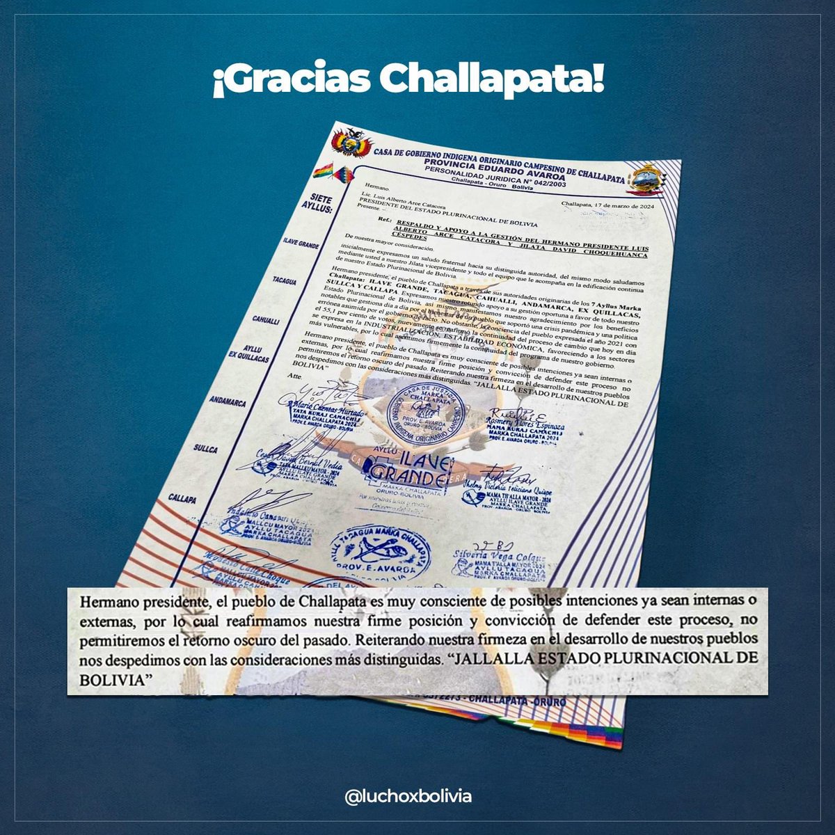 Gracias por su apoyo incondicional hermanas y hermanos de los 7 Ayllus Marka Challapata: Ilave Grande, Tacagua, Cahualli, Andamarca, Ex Quillacas, Sullca y Callapa del departamento de #Oruro.