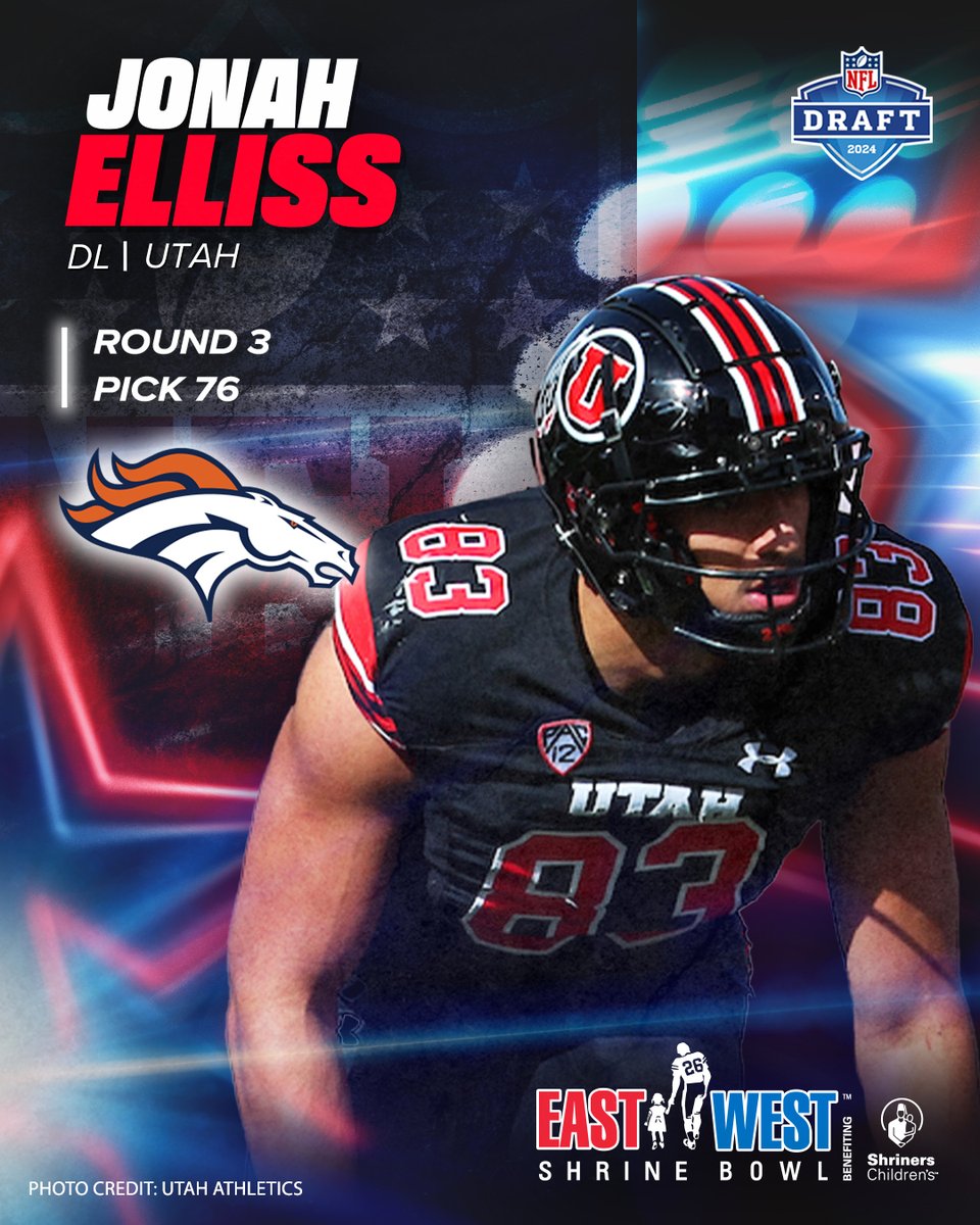 #ShrineBowl ➡️ @NFL Congratulations to Jonah Elliss (@jonah_elliss) from @Utah_Football on being drafted by the @Broncos in the 2024 #NFLDraft! #ShrineBowlPRO | #BroncosCountry