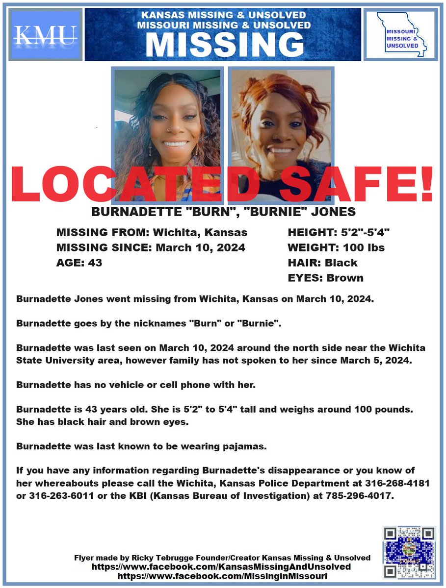 BURNADETTE HAS BEEN #LOCATED SAFE!!! THANK YOU TO ALL WHO SHARED HER FLYER!!! #MISSINGPERSON #MISSING @AnnetteLawless #KansasMissing #MissingInKS #Kansas #WichitaKS