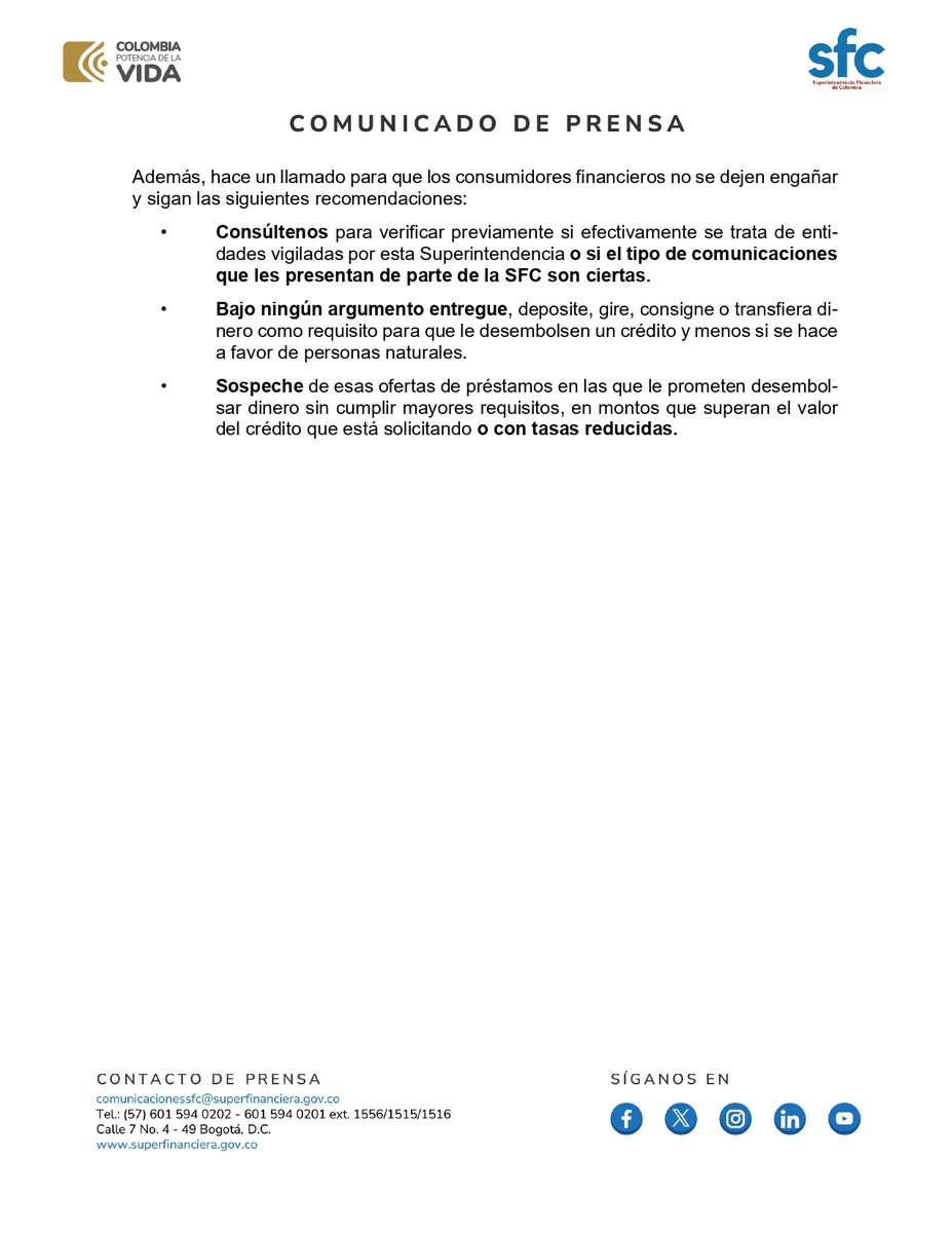 ¡Alerta de suplantación! 

La SFC lanza advertencia por el uso ilegal del nombre del Superintendente y del logo de la entidad. 

Conoce más información en nuestro sitio web brnw.ch/21wJecZ