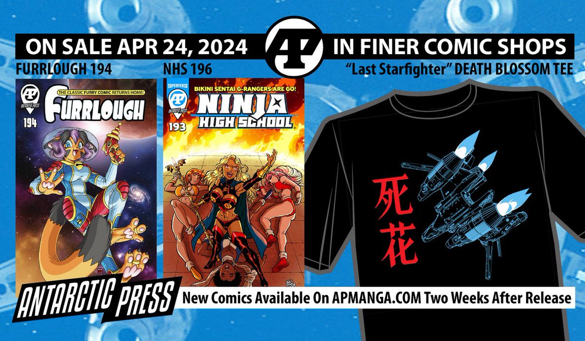 In Finer Comic Shops 🐧💙
Apr 24, 2024 #NCBD

Furrlough 194
previewsworld.com/Catalog/JAN241…

Ninja High School 196
previewsworld.com/Catalog/DEC231…

Death Blossom Tee 
The Last Starfighter 40th Anniversary Tribute 
previewsworld.com/Catalog/FEB241…