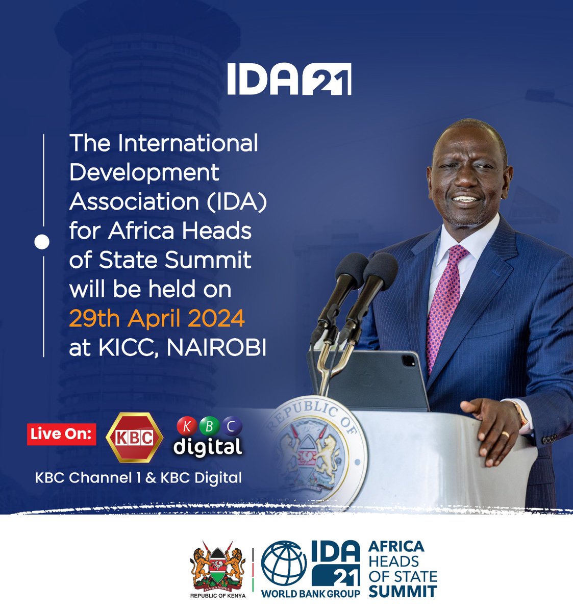 The International Development Association (IDA) for Africa Heads of State Summit will be held on 29th April, 2024. #IDAWorks #IDA21 #Kenya @KBCChannel1