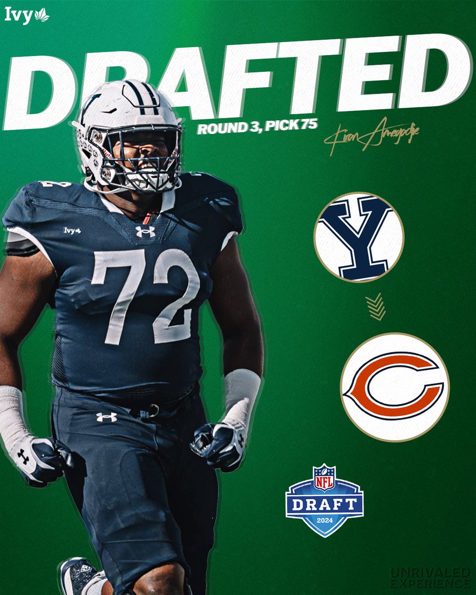 SUNDAY TALENT. @yalefootball's Kiran Amegadjie was selected by the @ChicagoBears with the 75th overall pick in the third round of the NFL Draft. That's the highest an Ivy has been selected in the draft since 1998. 🌿🏈