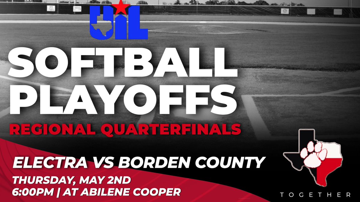 Lady Tiger Playoff Info 🥎 Let’s Go‼️ 🏆 Regional Quarterfinal Playoffs 📅 Thursday, May 2nd 🆚 Borden County ⏰ 6:00pm 📍Abilene Cooper HS 🎟️ $5 | No Passes 🔗 abileneisd.org/tickets (abileneisd.org/tickets) 🐯Electra Home Team (3rd Base Side)