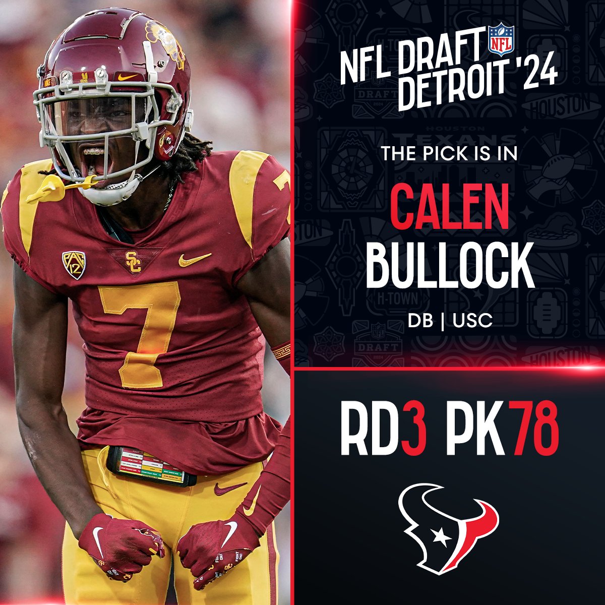 With the No. 78 overall pick in the 2024 @NFLDraft, the @HoustonTexans select Calen Bullock! 📺: #NFLDraft on NFLN/ESPN2/ABC 📱: Stream on #NFLPlus