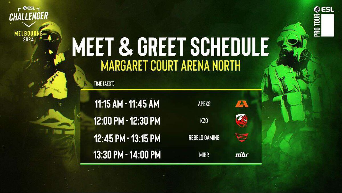 Head over to Margaret Court Arena North to catch your favourite teams at the meet & greet! @apeksgg @KZG_AU @RebelsGaming @MIBR