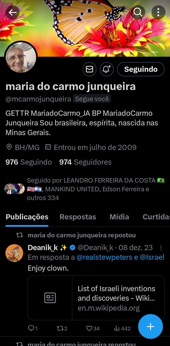 Indicação surpresa nessa noite de sexta Quero presentear a patriota @mcarmojunqueira que com certeza merece chegar aos mil seguidores. Mineira, espírita e Patriota Raiz Bora fortalecer a página de nossos patriotas #DIREITAforteUNIDA Sigam @AgenteDEL1984 🗽😃🇧🇷