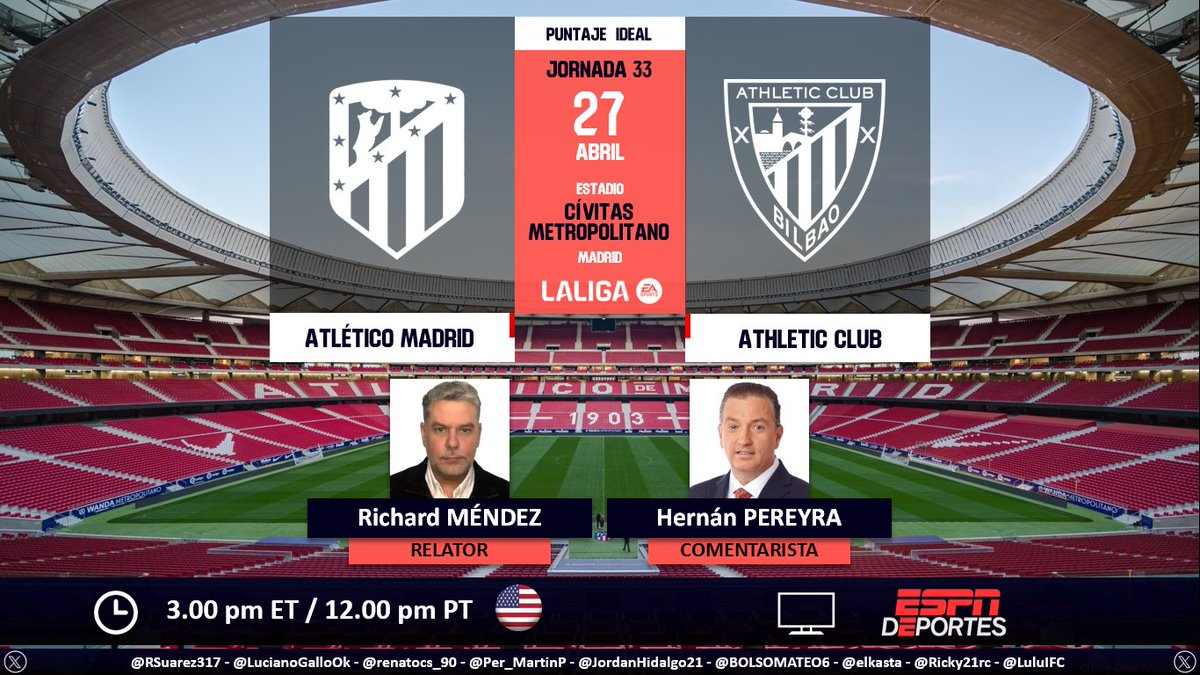 ⚽ #LaLiga 🇪🇸 | #AtléticoMadrid vs. #AthleticClub 
🎙 Relator: @RichardMendezTV
🎙 Comentarista: @pereyraespn
📺 @ESPNDeportes 🇺🇸
💻📱@ESPNPLUS 🇺🇸
🤳 #LaLigaxESPN - #AtletiAthletic  
Dale RT 🔃