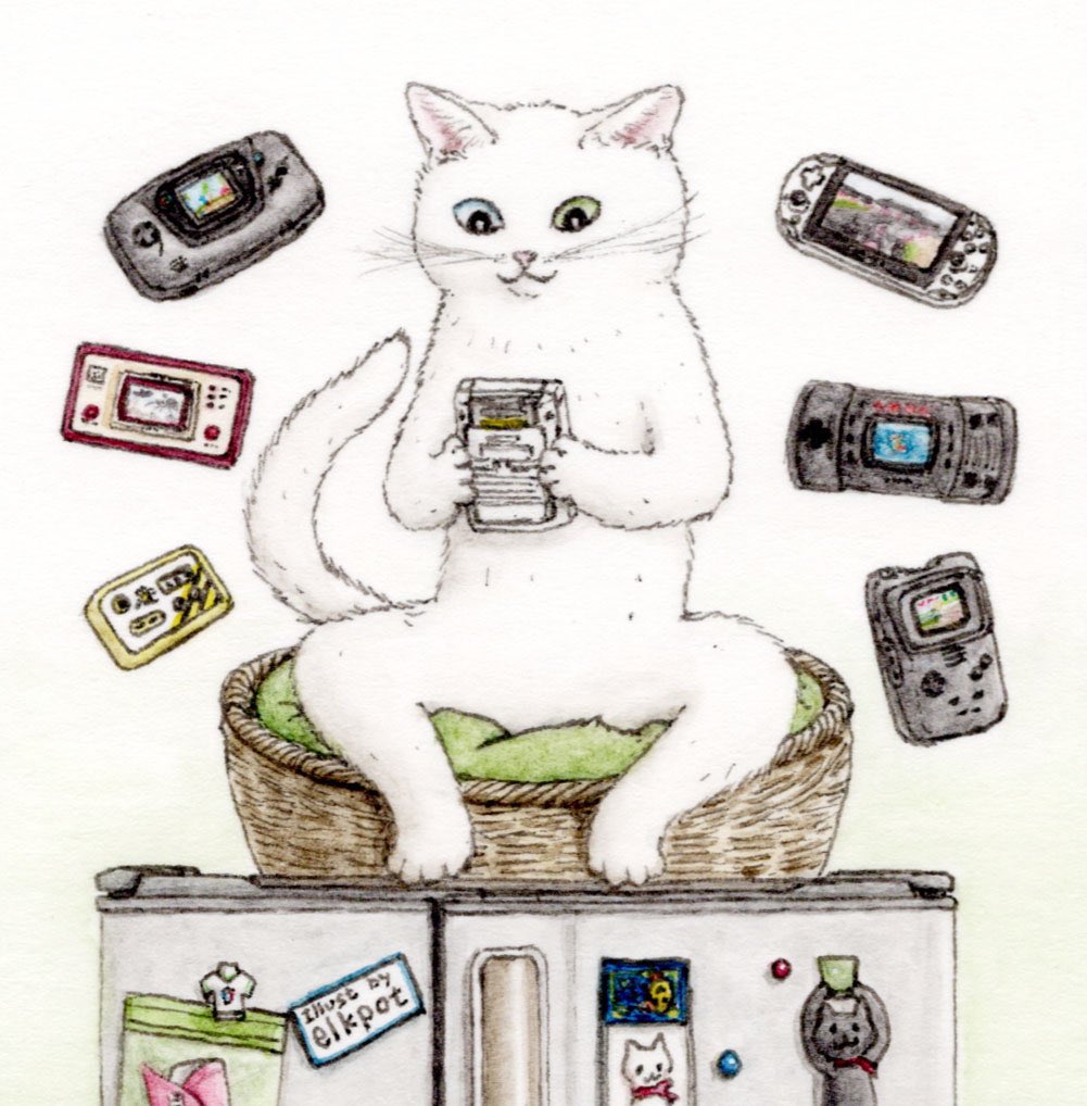 『It's fantastic!』😸🎮  ちっさなゲーム機、知ってるかい? どれもとっても楽しいぞ。 手の中の無限ワールドさ!  ※ご依頼作品として制作(連作2/2) #猫 #cat #イラスト #SEGA #nintendo