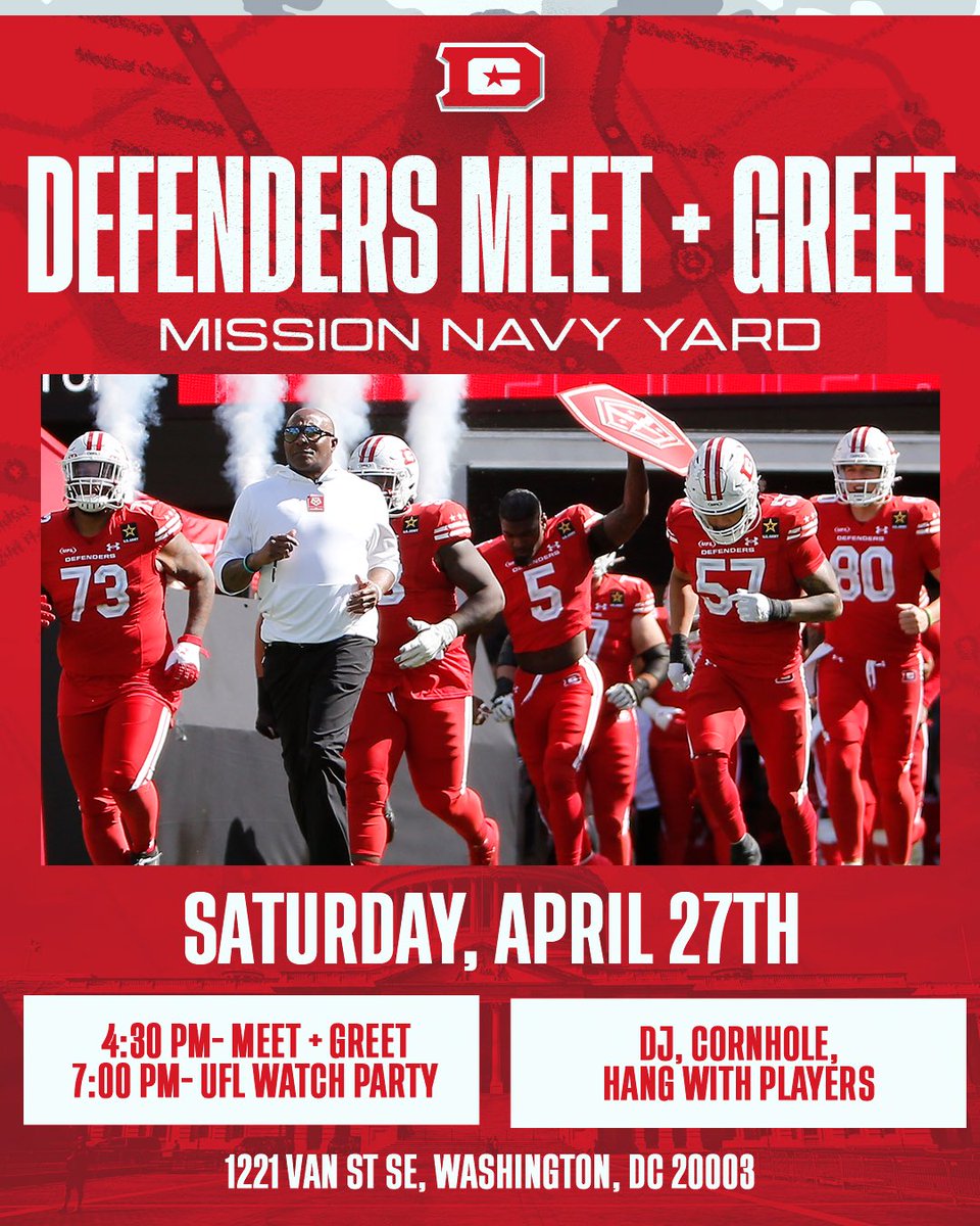 DC- Come spend time with a few of the Defenders and show off your cornhole skills ‼️ Meet us at Mission Navy Yard at 4:30 pm ET and the UFL watch party starts at 7 pm ET ‼️ #UFL2024 #DefendDC