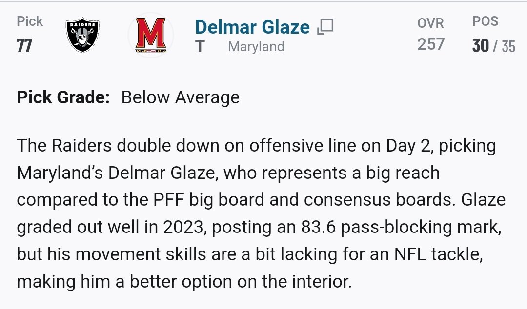 With the 77th pick of the 2024 #NFLDraft the Las Vegas #Raiders select Delmar Glaze Tackle Maryland