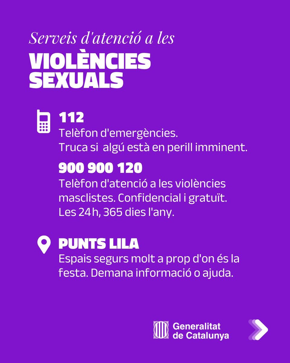 Si pateixes o coneixes algú que hagi patit una situació de #ViolènciaSexual, demana ajuda: 🟣 Als espais d’atenció locals, com els #PuntsLila 🟣 Al 📞 900 900 120, gratuït i confidencial, disponible 24 h els 365 dies l'any 🟣 Al telèfon d’emergències @112 #NoEstàsSola