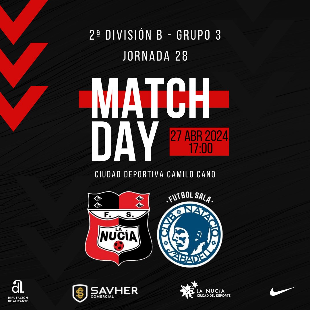 🔥𝐃𝐢́𝐚 𝐝𝐞 𝐩𝐚𝐫𝐭𝐢𝐝𝐨 ⚔️Jornada 28⚔️ 🆚@CNSFUTBOLSALA ⏰17:00h 📍Pabellón Camilo Cano #vamosnucía❤️🖤