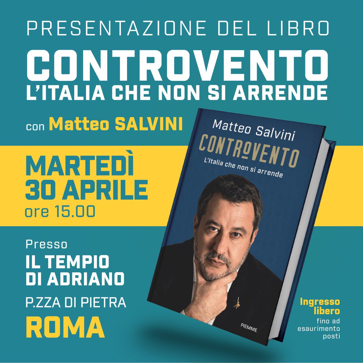 Martedì a #Roma la presentazione del #libro di Matteo #Salvini, “#Controvento”.