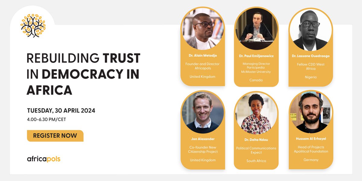 As citizens lose faith in the democratic process, join us to discuss the challenges, resilience, and how to rekindle democracy in Africa. Come to share your thoughts and ask questions. All welcome. Register now eventbrite.com/e/rebuilding-t… @emiljanowicz @jonjalex @participedia