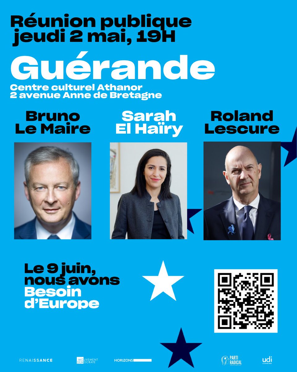 🇪🇺Rendez-vous jeudi 2/05 à 19h à #Guérande, pour soutenir notre candidate aux élections européennes @ValerieHayer avec @BrunoLeMaire @RolandLescure et @sarahelhairy.