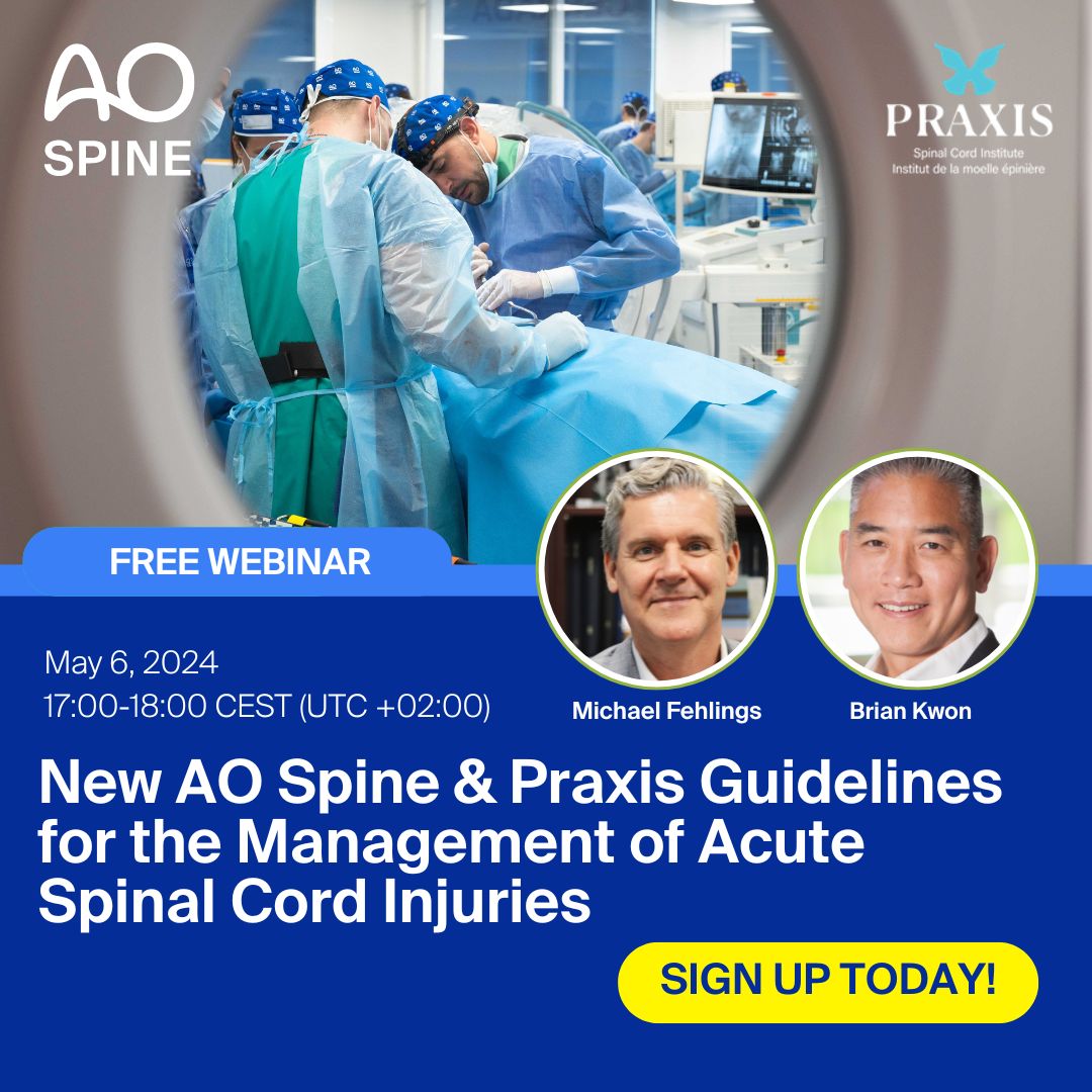 Do not miss this important free webinar on the new AO Spine & Praxis Guidelines for the Management of Acute Spinal Cord Injury. With Brian Kwon and Michael Fehlings, moderated by Mario Ganau. 🗓 May 6, 2024 📍17:00-18:00 CEST (UTC +02:00) Register now 🔗 brnw.ch/21wJesS