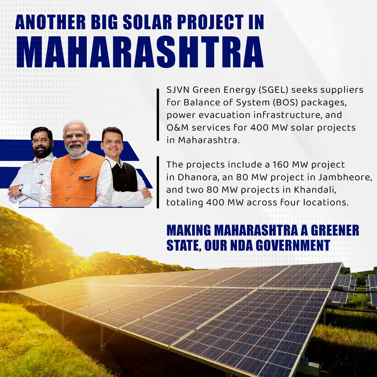 महाराष्ट्र की अक्षय ऊर्जा यात्रा में एक और मील का पत्थर! SJVN ग्रीन एनर्जी की 400 मेगावाट की सौर परियोजना स्वच्छ बिजली उत्पादन के लिए राज्य की क्षमता को रेखांकित करती है। ऐसी पहलों के लिए अनुकूल वातावरण को बढ़ावा देने के लिए सीएम एकनाथ शिंदे की सरकार को बधाई।