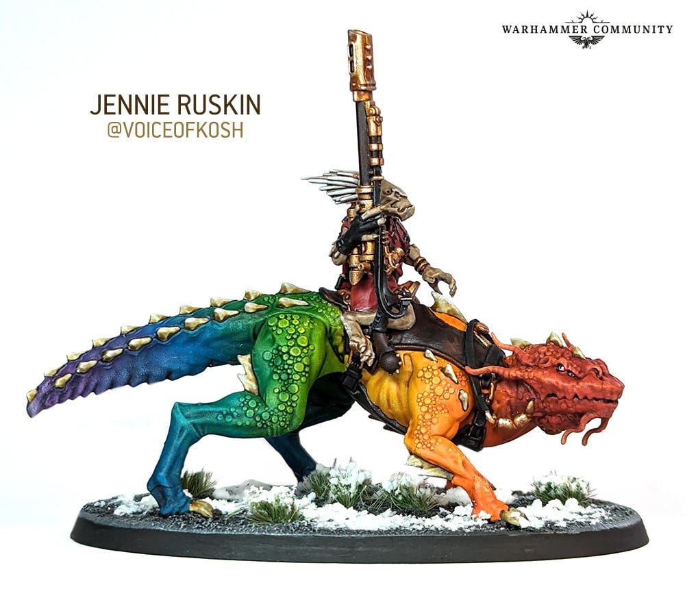 Painting a unit with so, so much freedom of color and no strict adherence to a colour scheme every once in a while is a LOT of fun (three cheers for the rainbow kroot!!) Source is the recent warcom article (all artists tagged in image)