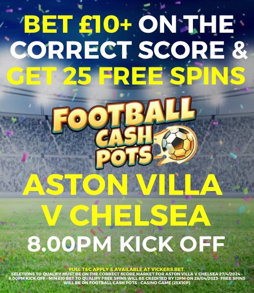 Villa host Chelsea in the evening 📺 game

vickers.bet/event/15307998…

Get 25 FREE Spins when you place a £10+ bet on the correct score!

T&amp;C apply | begambleaware.org | 🔞 over 18's only
