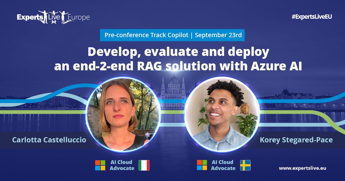✨We bundle @Microsoft powers together: @carlottacaste will be joining us from #Microsoft Italy and @koreyspace from Microsoft Sweden. Together they are going to deliver a deep-dive #workshop on how to develop, evaluate and deploy an end-2-end RAG solution with #AzureAI. Don't…