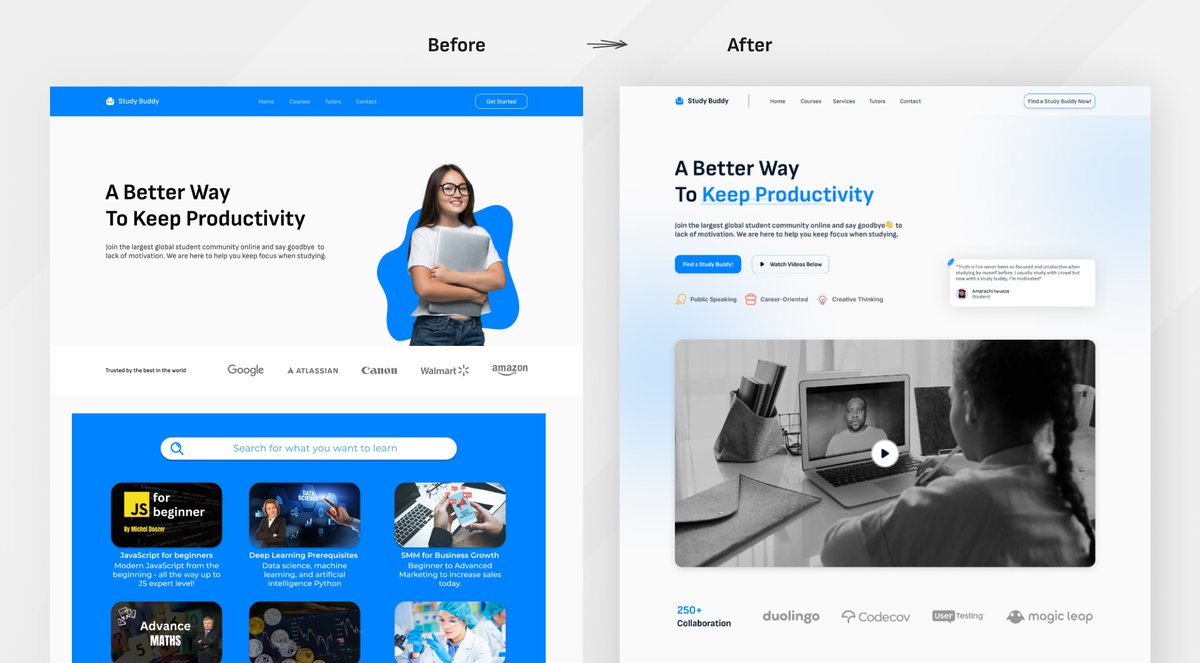 Before and After of an Edutech website (𝑆𝑡𝑢𝑑𝑦 𝐵𝑢𝑑𝑑𝑦)

Let me know what you think about the new website design for study buddy🤗

My Process Below👇