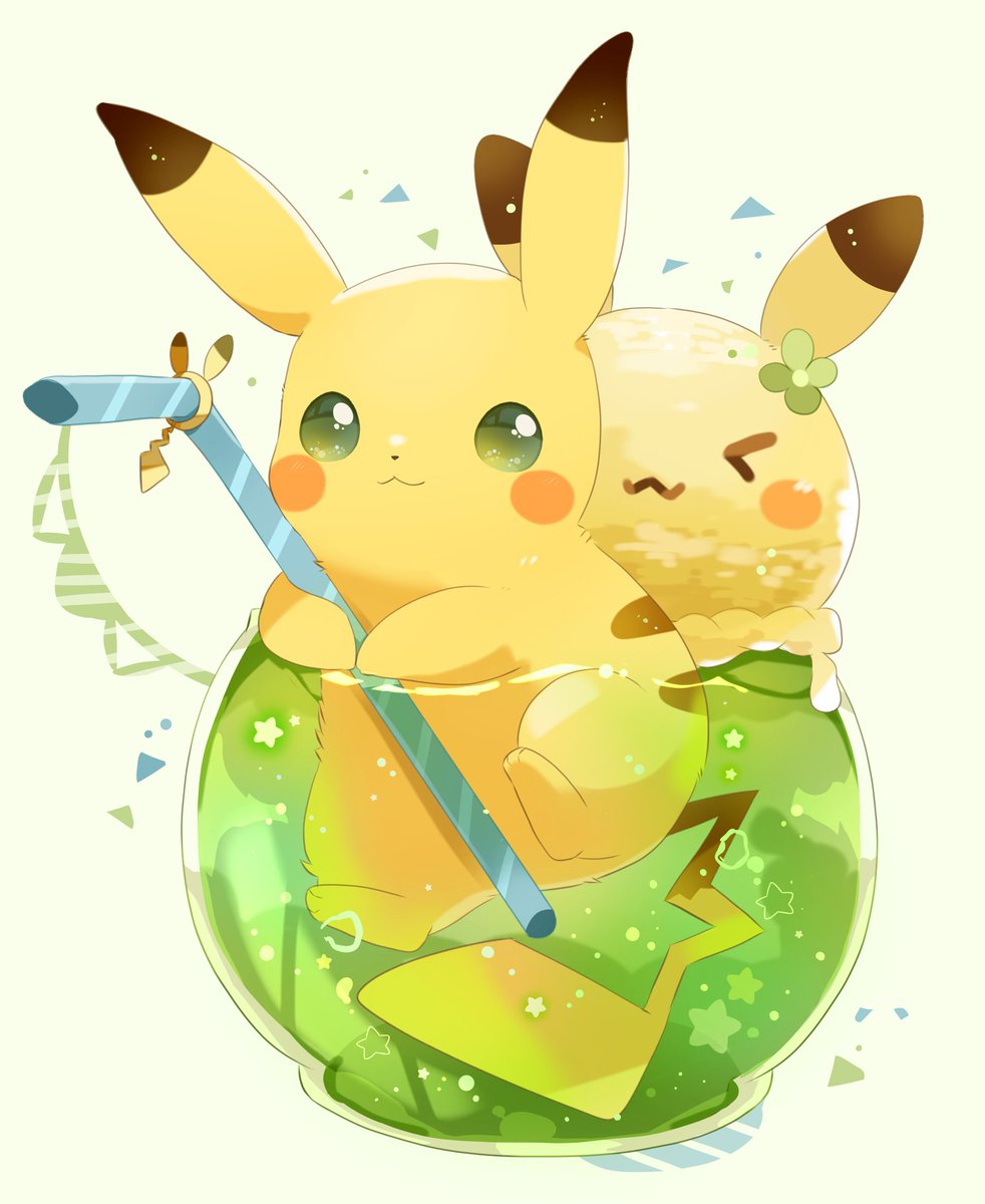 pikachu looking at viewer smile simple background closed mouth green eyes closed eyes food  illustration images