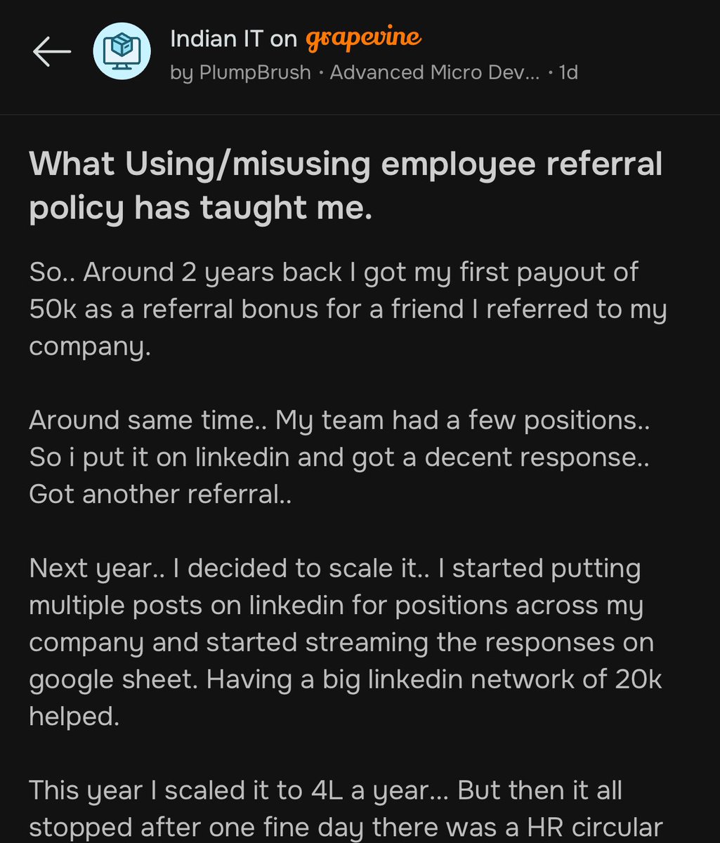 This guy/girl made their company’s referral policy into a legit side income source 🫡 Long post and 85 comments: share.gvine.app/9YGQhhGMxHrtu3…