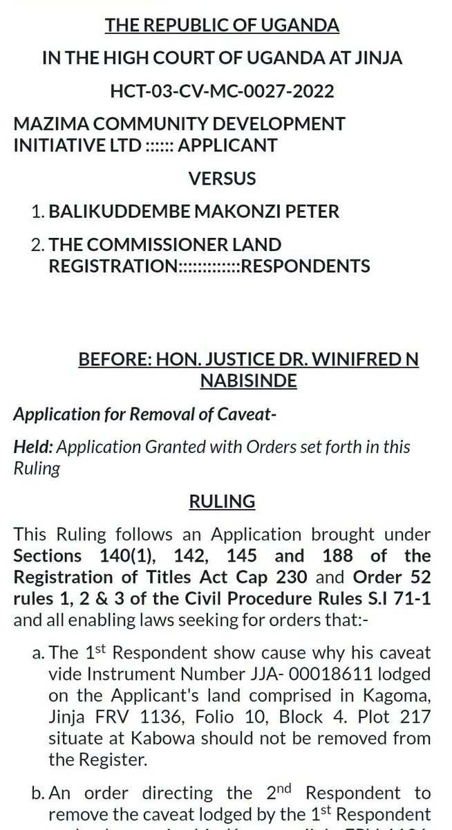 Nabisinde J Orders Removal of A Caveat ,Awards Applicant 20Million as Damages due to Existence of a Caveat without Lawful Cause✍️4 years too long to maintain caveat✍️1st Respondent cannot hide behind  filing a case which he never served to prosecute Holder of Certificate of Title